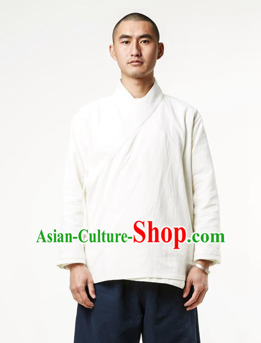 Asian China National Costume Slant Opening White Linen Shirts, Traditional Chinese Tang Suit Plated Buttons Upper Outer Garment Clothing for Men