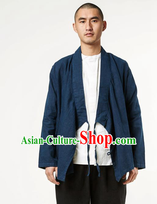 Asian China National Costume Slant Opening Deep Blue Linen Shirts, Traditional Chinese Tang Suit Plated Buttons Upper Outer Garment Clothing for Men