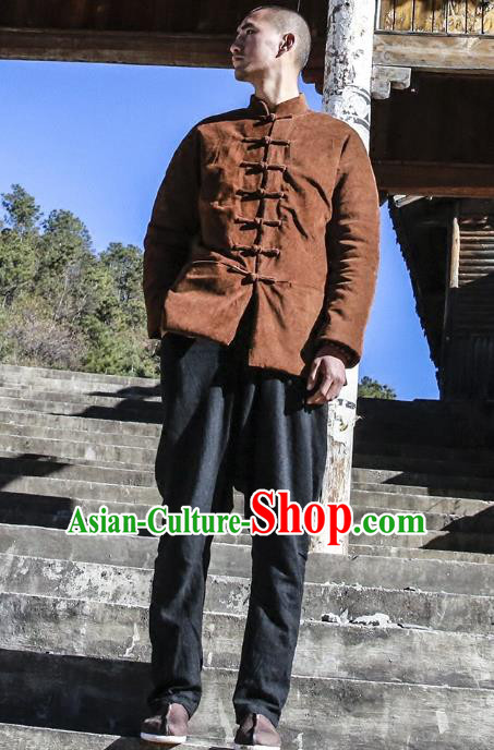 Asian China National Costume Dark Chocolate Corduroy Cotton-padded Jacket, Traditional Chinese Tang Suit Plated Buttons Coat Clothing for Men