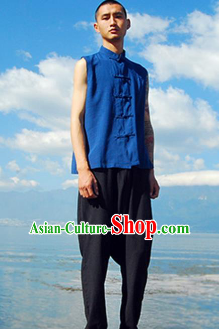 Asian China National Costume Blue Linen Vests, Traditional Chinese Tang Suit Plated Buttons Upper Outer Garment Waistcoat Clothing for Men