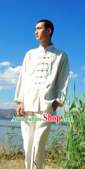 Asian China National Costume White Linen Stand Collar Shirts, Traditional Chinese Tang Suit Plated Buttons Upper Outer Garment Clothing for Men