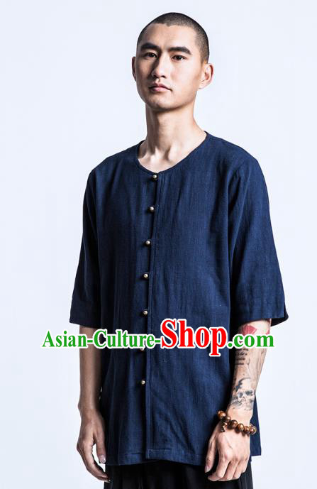 Asian China National Costume Navy Linen T-Shirts, Traditional Chinese Tang Suit Brass Buttons Upper Outer Garment Clothing for Men