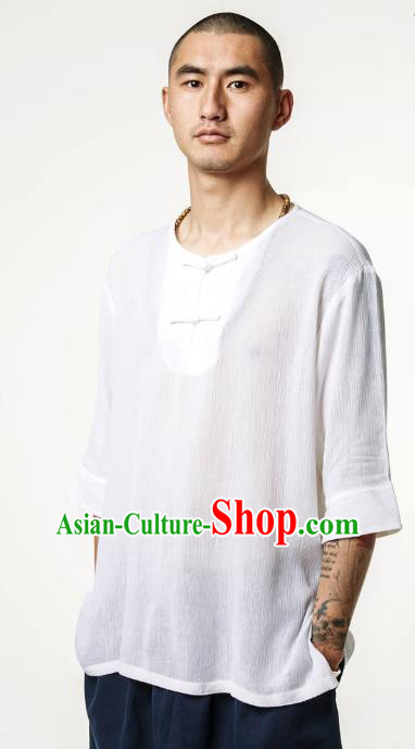 Asian China National Costume White Linen T-Shirts, Traditional Chinese Tang Suit Plated Buttons Upper Outer Garment Clothing for Men