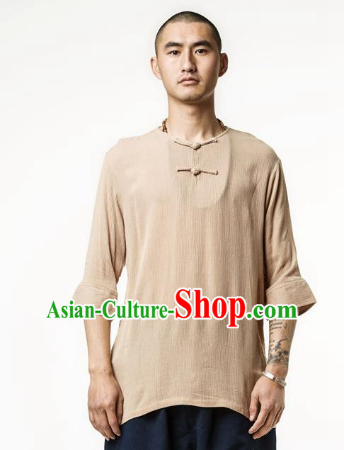 Asian China National Costume Khaki Linen T-Shirts, Traditional Chinese Tang Suit Plated Buttons Upper Outer Garment Clothing for Men