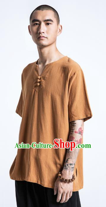Asian China National Costume Brown Linen T-Shirts, Traditional Chinese Tang Suit Plated Buttons Upper Outer Garment Clothing for Men