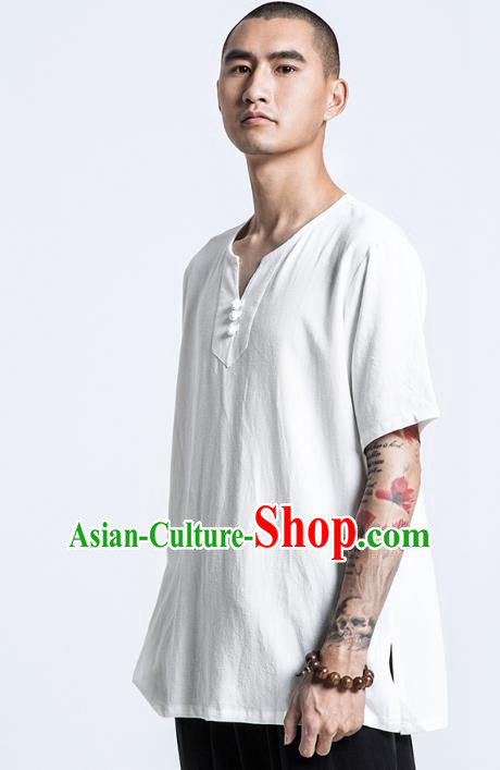 Asian China National Costume White Linen T-Shirts, Traditional Chinese Tang Suit Plated Buttons Upper Outer Garment Clothing for Men