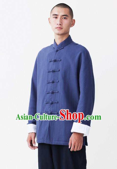 Asian China National Costume Blue Linen Shirts, Traditional Chinese Tang Suit Plated Buttons Upper Outer Garment Clothing for Men