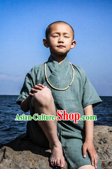 Asian China National Costume Green Linen Monk Clothing, Traditional Chinese Tang Suit Zen Clothing for Kids