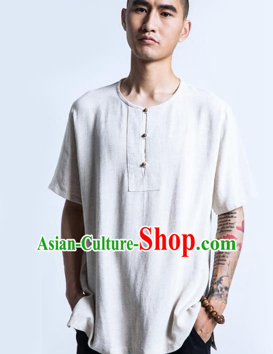 Asian China National Costume White Linen Shirts, Traditional Chinese Tang Suit Plated Buttons Upper Outer Garment Clothing for Men