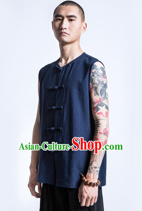 Asian China National Costume Navy Linen Vest, Traditional Chinese Tang Suit Plated Buttons Waistcoat Clothing for Men