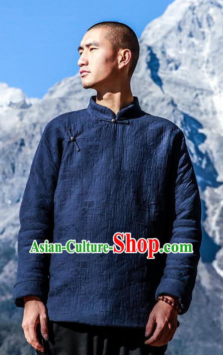 Asian China National Blue Linen Costume Martial Arts Kung Fu Jacket, Traditional Chinese Tang Suit Upper Outer Garment Coat Clothing for Men