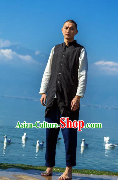 Asian China National Black Linen Costume Martial Arts Kung Fu Vests, Traditional Chinese Tang Suit Upper Outer Garment Waistcoat Clothing for Men