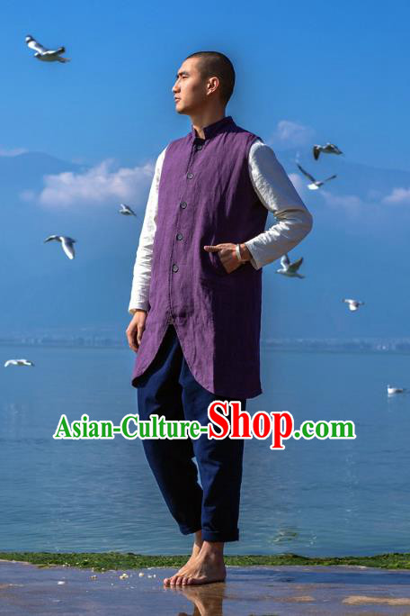 Asian China National Purple Linen Costume Martial Arts Kung Fu Vests, Traditional Chinese Tang Suit Upper Outer Garment Waistcoat Clothing for Men