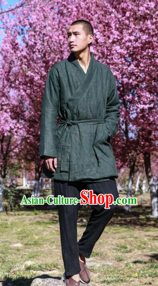 Asian China National Costume Green Linen Cotton-padded Robe, Traditional Chinese Tang Suit Slant Opening Coat Clothing for Men