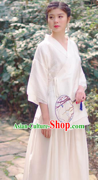 Asian China National Costume White Linen Hanfu Blouse, Traditional Chinese Tang Suit Upper Outer Garment Clothing for Women