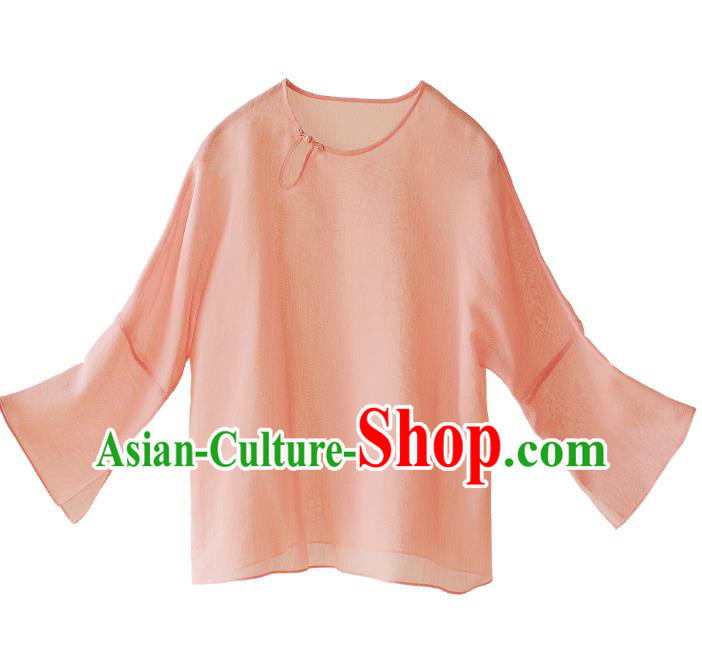 Asian China National Costume Pink Silk Hanfu Blouse, Traditional Chinese Tang Suit Cheongsam Upper Outer Garment Clothing for Women