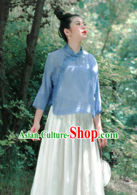 Asian China National Costume Blue Silk Hanfu Blouse, Traditional Chinese Tang Suit Cheongsam Shirts Upper Outer Garment Clothing for Women