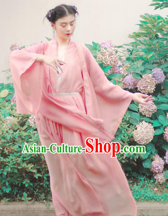 Asian China Han Dynasty Palace Lady Costume Princess Pink Wide Sleeve Cardigan for Women