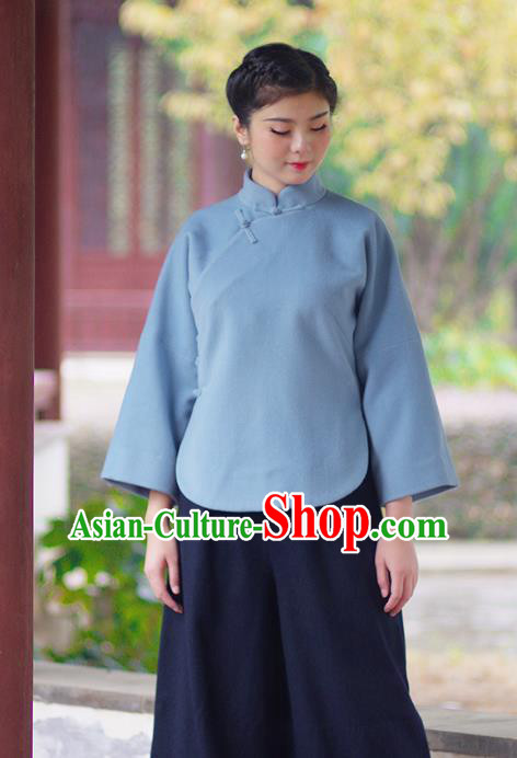 Asian China National Costume Slant Opening Blue Hanfu Blouse, Traditional Chinese Tang Suit Cheongsam Shirts Upper Outer Garment Clothing for Women