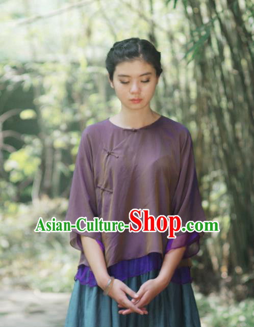 Asian China National Costume Slant Opening Purple Silk Hanfu Blouse, Traditional Chinese Tang Suit Cheongsam Shirts Upper Outer Garment Clothing for Women