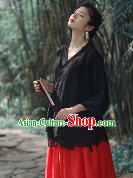 Asian China National Costume Slant Opening Black Hanfu Blouse, Traditional Chinese Tang Suit Cheongsam Shirts Upper Outer Garment Clothing for Women