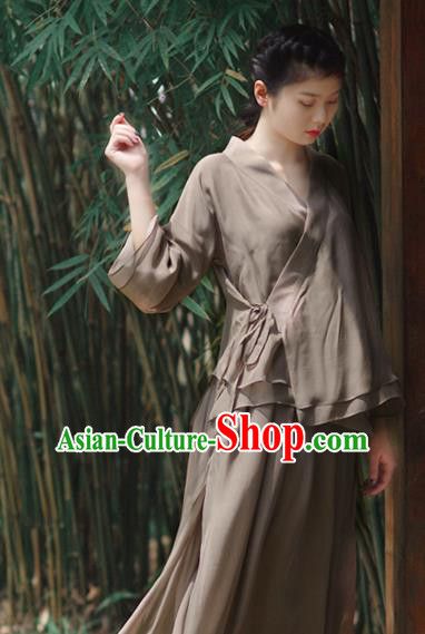Asian China National Costume Slant Opening Grey Silk Hanfu Blouse, Traditional Chinese Tang Suit Cheongsam Shirts Upper Outer Garment Clothing for Women