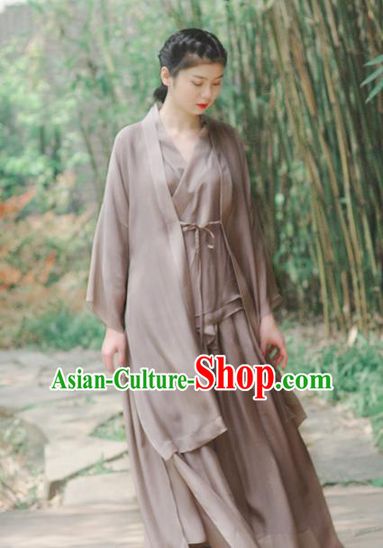 Asian China National Costume Grey Silk Hanfu Dress, Traditional Chinese Tang Suit Cheongsam Clothing for Women