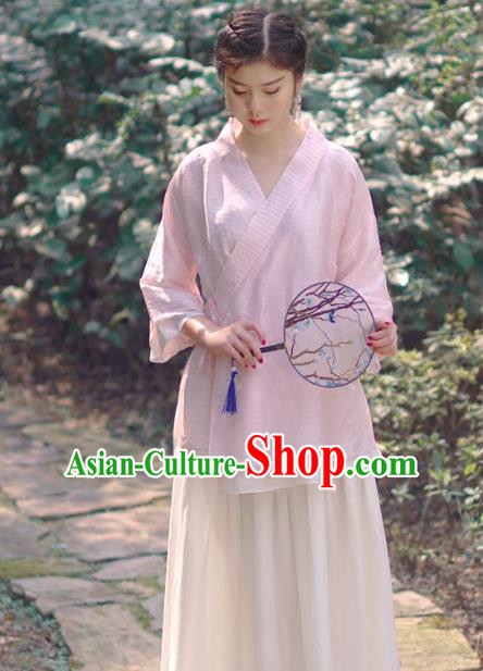 Asian China National Costume Slant Opening Pink Silk Hanfu Qipao Shirts, Traditional Chinese Tang Suit Cheongsam Blouse Clothing for Women