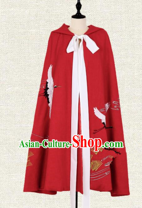 Asian China Ming Dynasty Swordsman Embroidered Crane Red Cape, Traditional Ancient Chinese Palace Lady Elegant Hanfu Mantle for Women