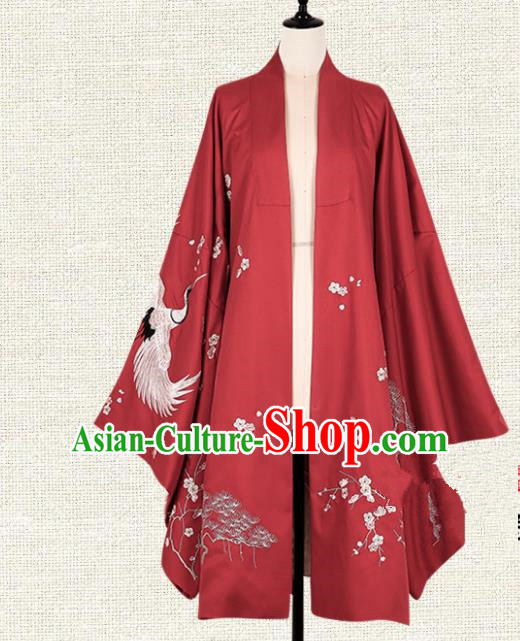 Asian China Ming Dynasty Princess Clothing Embroidered Red Wide Sleeve Cardigan, Traditional Ancient Chinese Palace Lady Hanfu Clothing for Women