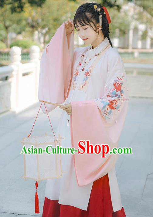 Asian China Ming Dynasty Princess Embroidered Peony White Cloak, Traditional Ancient Chinese Palace Lady Elegant Hanfu Dress Clothing for Women