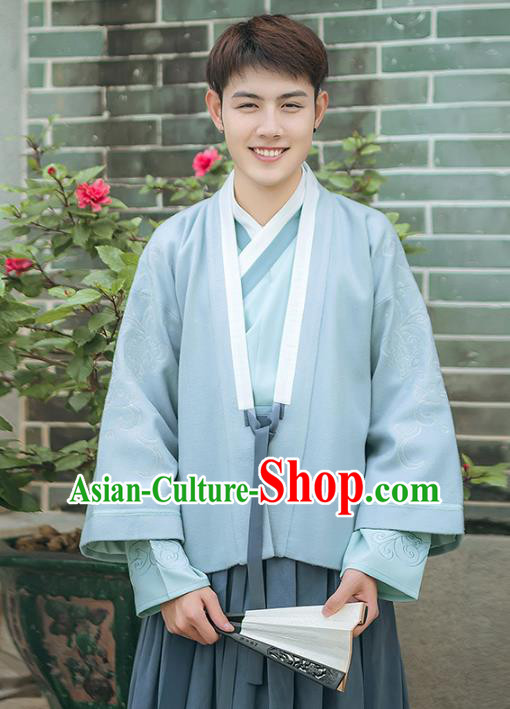 Asian China Ming Dynasty Embroidered Beizi Blue Blouse, Traditional Ancient Chinese Elegant Hanfu Tang Suit Clothing for Men