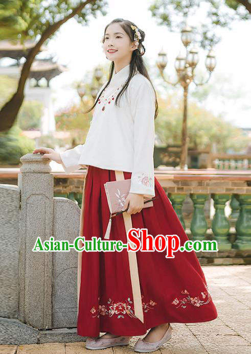 Asian China Ming Dynasty Palace Lady Embroidered Costume, Traditional Ancient Chinese Elegant Hanfu Blouse and Skirt for Women