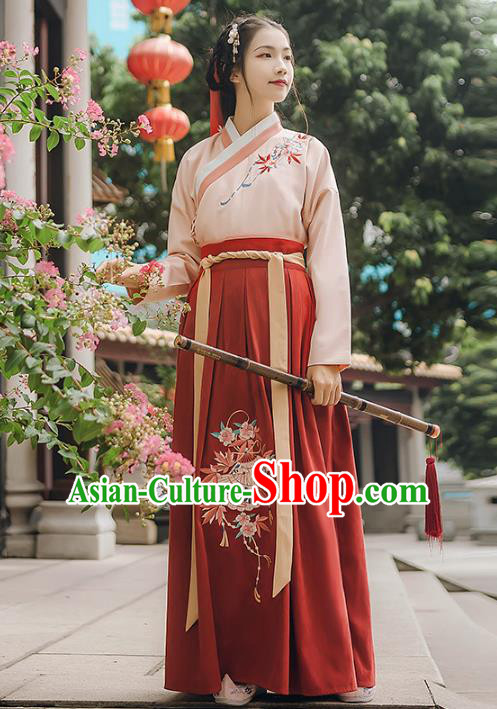 Asian China Ming Dynasty Palace Lady Embroidered Costume, Traditional Ancient Chinese Princess Elegant Hanfu Pink Blouse and Red Skirt for Women