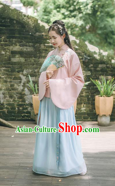 Asian China Ming Dynasty Princess Costume Embroidered Pink Blouse and Blue Skirt, Traditional Ancient Chinese Elegant Princess Hanfu Clothing for Women