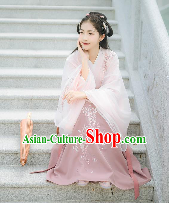 Asian China Han Dynasty Palace Lady Costume Embroidery Pink Blouse and Purple Skirt, Traditional Ancient Chinese Princess Elegant Hanfu Clothing for Women