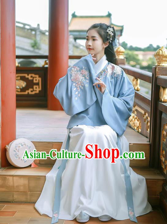 Asian China Ming Dynasty Palace Lady Costume Embroidery Blue Blouse and White Skirt, Traditional Ancient Chinese Princess Elegant Hanfu Clothing for Women