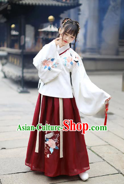 Asian China Ming Dynasty Palace Lady Wedding Costume Embroidery White Blouse and Red Skirt, Traditional Ancient Chinese Princess Elegant Hanfu Clothing for Women