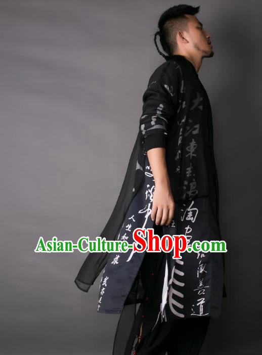 Asian China National Costume Printing Calligraphy Dust Coat, Traditional Chinese Tang Suit Cardigan Clothing for Men