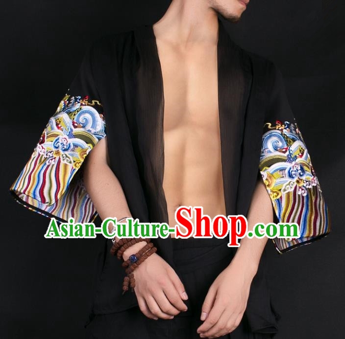 Asian China National Costume Embroidered Black Shirt, Traditional Chinese Tang Suit Underwear Clothing for Men