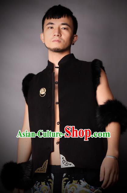 Asian China National Costume Black Vest, Traditional Chinese Tang Suit Plated Buttons Waistcoat Clothing for Men