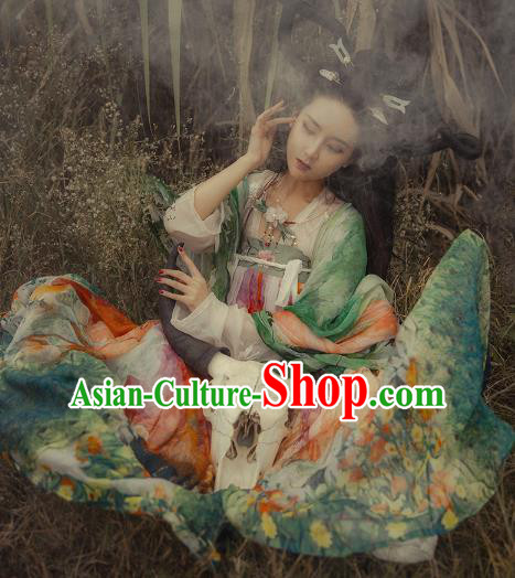 Asian China Tang Dynasty Palace Lady Costume, Traditional Ancient Chinese Imperial Concubine Elegant Hanfu Printing Dress for Women