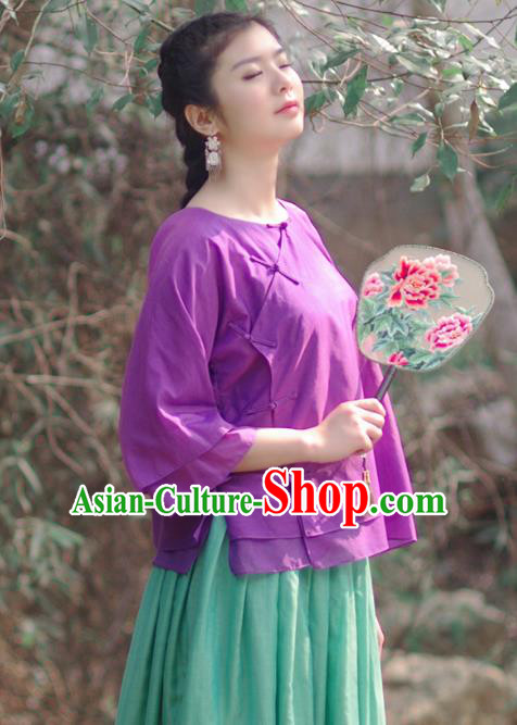 Asian China National Costume Slant Opening Deep Purple Silk Hanfu Qipao Shirts, Traditional Chinese Tang Suit Cheongsam Blouse Clothing for Women