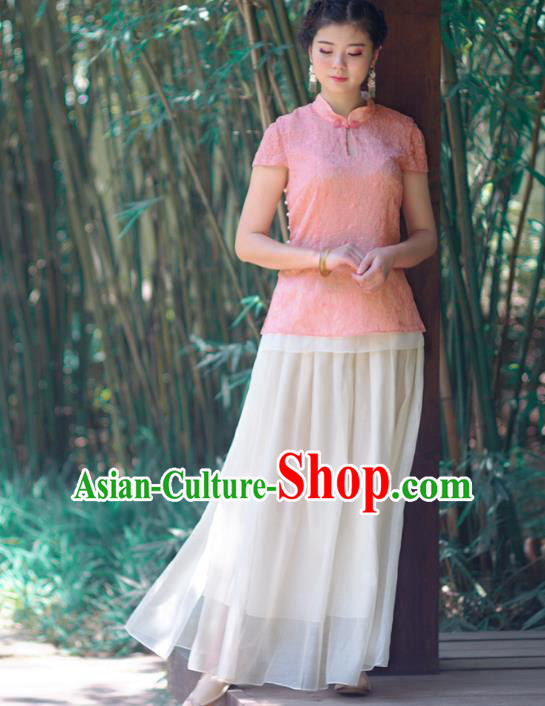 Asian China National Costume Pink Embroidered Hanfu Qipao Shirts Upper Outer Garment, Traditional Chinese Tang Suit Cheongsam Blouse Clothing for Women