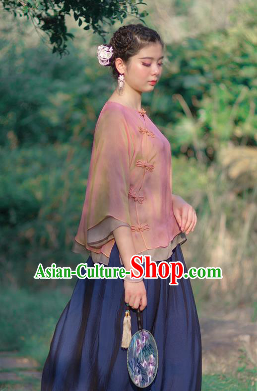 Asian China National Costume Pink Silk Hanfu Qipao Shirts Upper Outer Garment, Traditional Chinese Tang Suit Cheongsam Blouse Clothing for Women