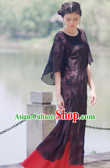 Asian China National Costume Slant Opening Black Silk Hanfu Qipao Dress, Traditional Chinese Tang Suit Plated Buttons Cheongsam Clothing for Women