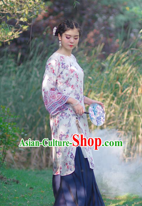 Asian China National Costume Slant Opening Printing Silk Hanfu Qipao Dress, Traditional Chinese Tang Suit Plated Buttons Cheongsam Clothing for Women