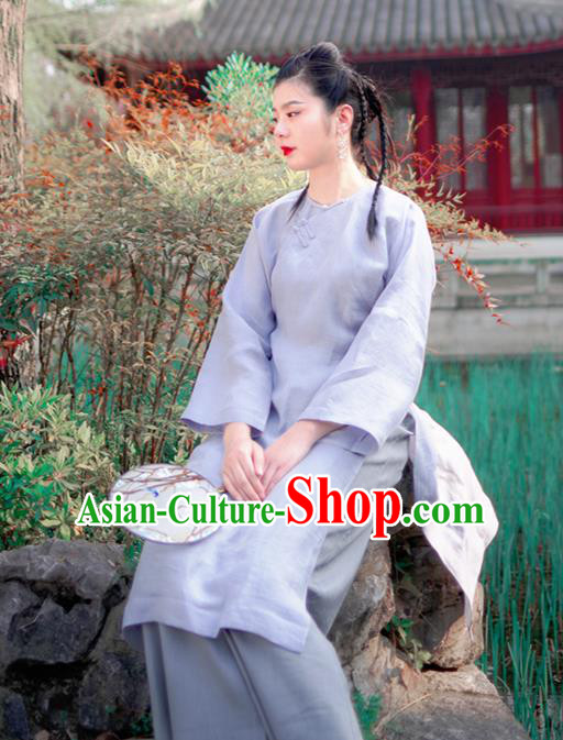 Asian China National Costume Blue Linen Silk Hanfu Qipao Dress, Traditional Chinese Tang Suit Cheongsam Clothing for Women