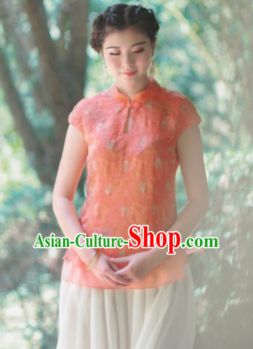 Asian China National Costume Orange Silk Hanfu Embroidered Qipao Shirts Upper Outer Garment, Traditional Chinese Tang Suit Cheongsam Blouse Clothing for Women
