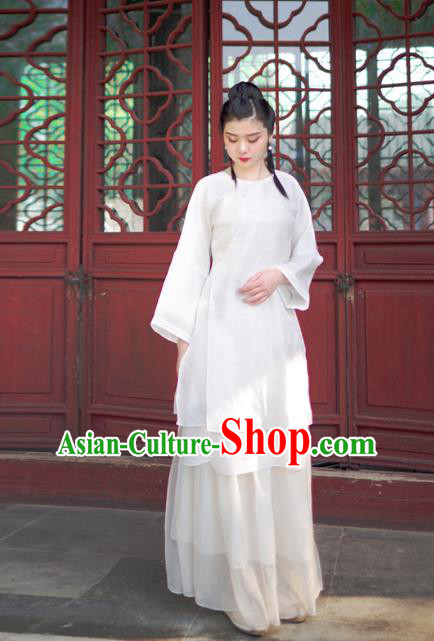 Asian China National Costume White Linen Hanfu Qipao Dress, Traditional Chinese Tang Suit Cheongsam Blouse Clothing for Women